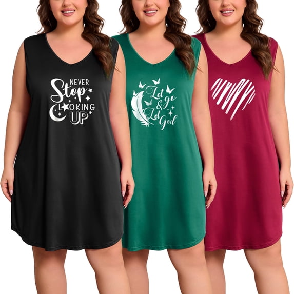 3 Pack Nightgowns for Women Plus Size Sleeveless Print Nightshirts Crew Neck Sleepshirt Soft Sleepwear 1X-5X