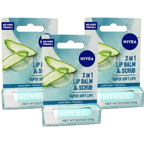 3 Pack - Nivea 2in1 Lip Balm & Scrub Super Soft Lips, Aloe Vera + Vitamin E, 0.17 oz (4.8 g)