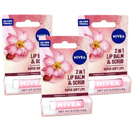 3 Pack - Nivea 2in1 Lip Balm & Scrub Super Soft Lips, Rosehip Oil + Vitamin E, 0.17 oz (4.8 g)