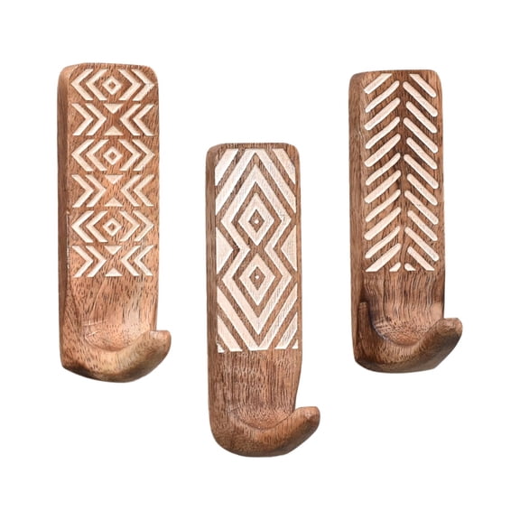 3 Pack Non-Damaging Adhesive Decorative Wood Wall Hooks, Boho Style No Drill Wall Hanging Hooks