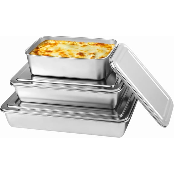 3-Pack Non-Stick Loaf Pans - Stainless Steel Rectangular Bakeware with Lids (3 Sizes)