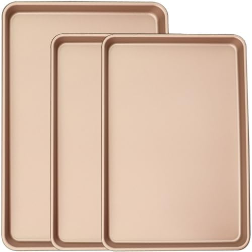 3-Pack Nonstick Carbon Steel Baking Sheet Set | Heavy Duty 0.8mm Cookie Sheets - Large 17.8"x12" & 2 Medium 15.7"x10.8" Commercial Gold Pans for Oven, Roasting & Toaster