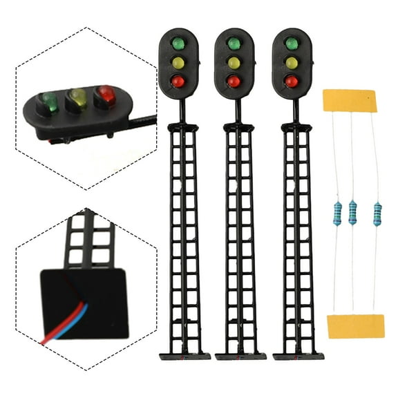 3-Pack OO Scale Model Railway 3-Aspect Light Signal 3/12V DC Compatible Pre-Wired LED Traffic Lights Red Green Yellow for Train Scenery Layout Accessories Height 83mm 1:87 Scale