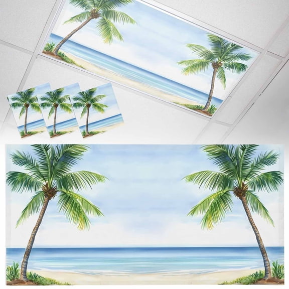 3 Pack Ocean Beach Palm Tree Fluorescent Light Covers for Ceiling Lights Summer Tropical Island Decor Seaside Magnetic Ceiling Light Covers Overhead Light Filters for Office Classroom Home