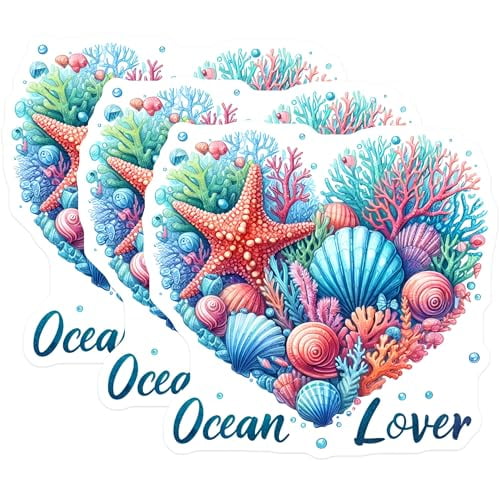 (3 Pack) Ocean Lover Decals - Starfish Seashells - Heart Shaped Decals - 3 Inches On Longest Side - Easy Peel & Apply - Made in USA - 3MCS8061