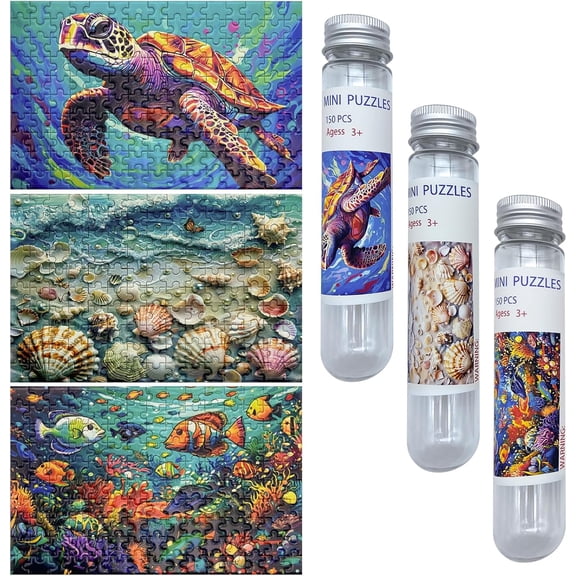 3-Pack Ocean Mini Jigsaw Puzzles, 150Pcs Portable Travel Puzzle with Waterproof Tube
