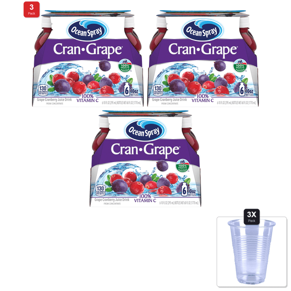 3 Pack | Ocean Spray Cran-Grape Juice Drink, 10 Ounce Bottle (Pack Of 6) & 3x Disposable Cup