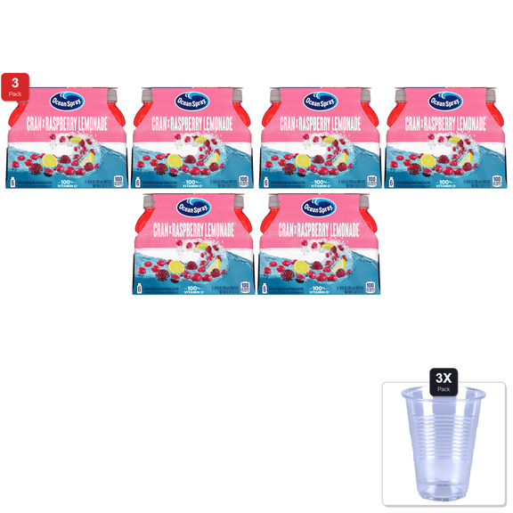 3 Pack | Ocean Spray Cran-Raspberry Lemonade Cranberry Raspberry Lemonade Juice Drinks, 10 Fl Oz Bottles, 6 Count (Pack Of 2) & 3x Disposable Cup