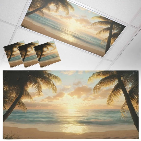 3 Pack Ocean Sunset Fluorescent Light Covers for Ceiling Lights Tropical Sandy Beach Palm Trees Magnetic Ceiling Light Covers Overhead Light Filters for Office Classroom Home