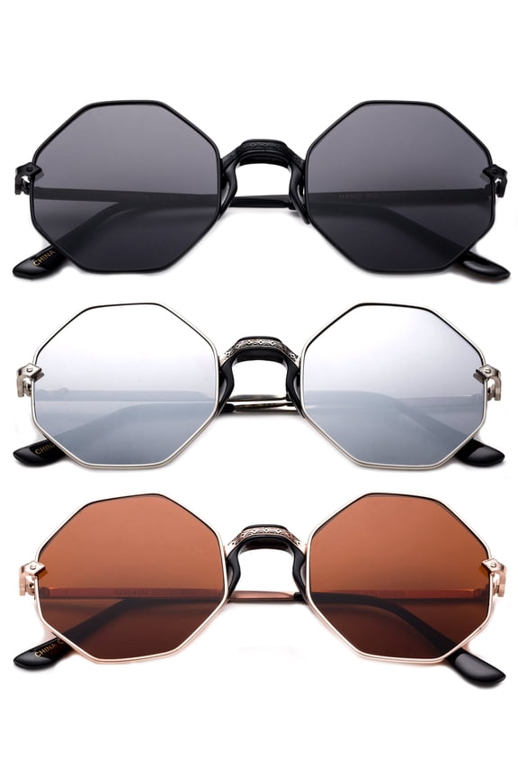 3 Pack Octagon Metal Frame Comfort Plastic Nose Bridge Fashion Sunglasses for Women for Men, Black, Mirror& Gold