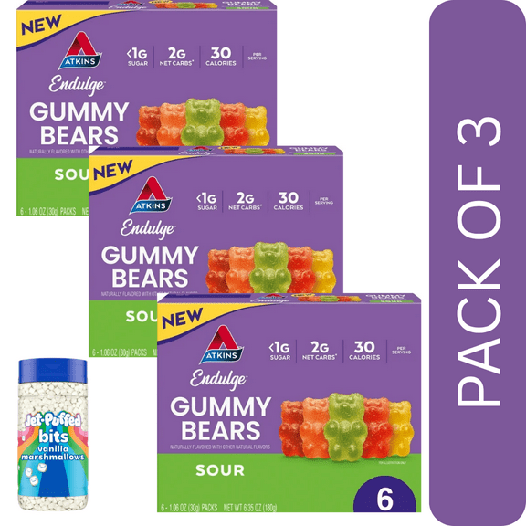 3 Pack Of Atkins Endulge Treat, Sour Gummy Bears, Low Sugar, Keto Friendly, 6 Count, With Marshmellows By Value Nest