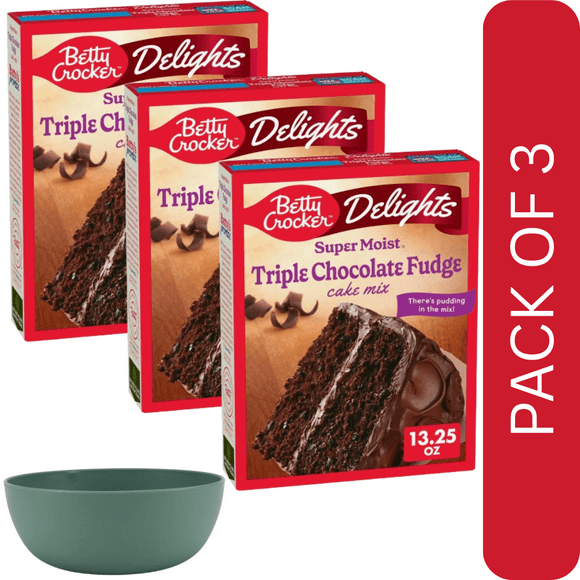 3 Pack Of Betty Crocker Delights Super Moist Triple Chocolate Fudge Cake Mix, 13.25 oz, With Olive Green Bowl By Value Nest