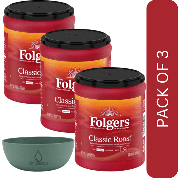 3 Pack Of Folgers Classic Roast Medium Ground Coffee – 9.6 oz Canister, Rich & Smooth Flavor, With Olive Green Bowl By ValueNest