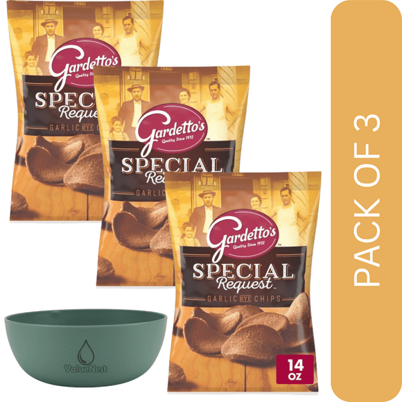 3 Pack Of Gardettos Special Request Garlic Rye Chips 14oz Snack Bag, Double-Roasted & Garlicky Crunch, With Olive Green Bowl By ValueNest