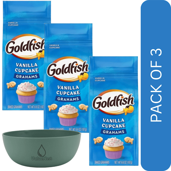 3 Pack Of Goldfish Grahams Vanilla Cupcake Baked Crackers 6.6oz Bag, Whole-Grain Sweet Snack, With Olive Green Bowl By ValueNest