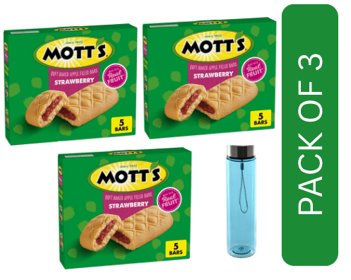 3 Pack Of Mott's Soft Baked Apple Filled Bars, Strawberry Flavor Snacks, 5 Ct, 6.55 oz, With Blue Water Bottle  By  Value Nest