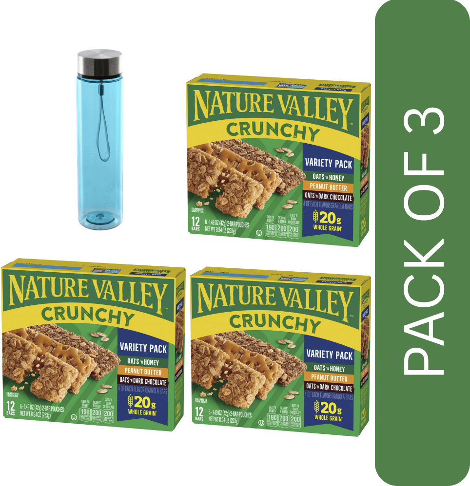 3 Pack Of Nature Valley Crunchy, Variety Pack, 12 Granola Bars, 8.94 oz (6CT), With Blue Water Bottle By Value Nest