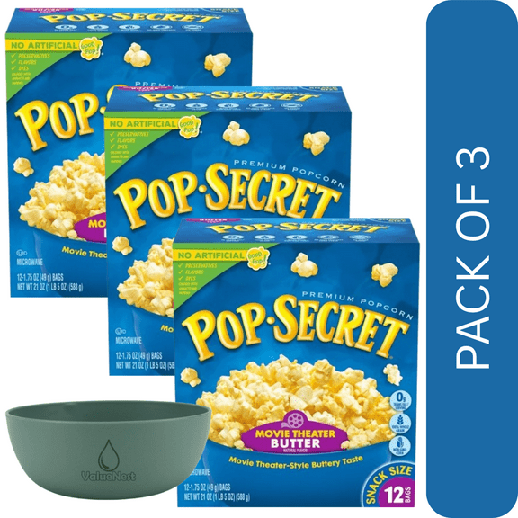 3 Pack Of PopSecret Movie Theater Butter Microwave Popcorn 12Count 1.75oz Snack Bags, With Olive Green Bowl By ValueNest