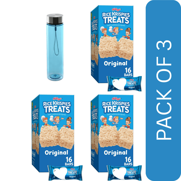 Pack Of 3 Rice Krispies Treats Original Chewy Crispy Marshmallow Squares, Kids Snacks, 12.4 oz, 16 Count , With Blue Water Bottle By Value Nest