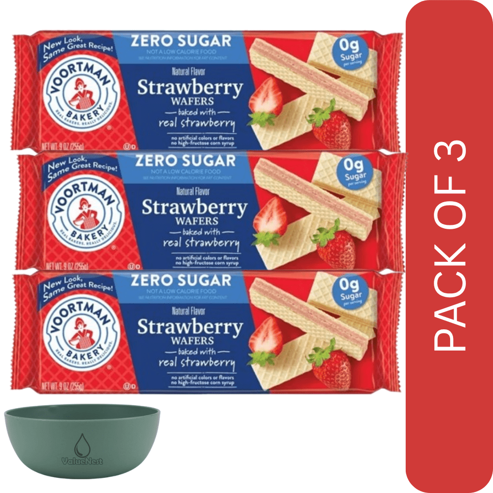 3 Pack Of Voortman Zero Sugar Strawberry Wafer Cookies – 9 oz Sugar-Free Wafer Snack, With Olive Green Bowl By ValueNest