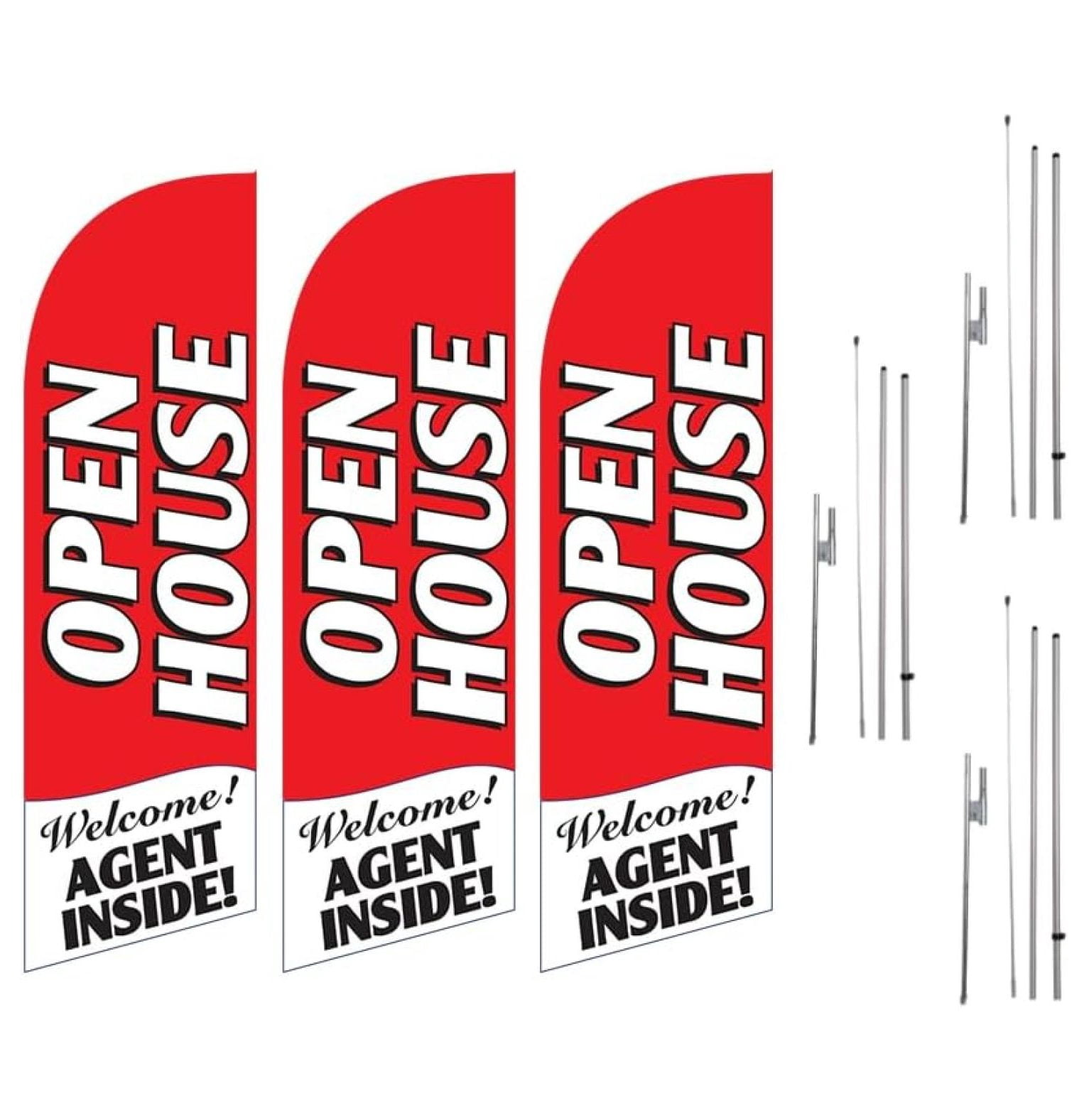 3-Pack Open House (Red) 6ft Banner Flag with 8ft Kits, Includes Flag Poles, and Ground Stakes, Signs for Real Estate Agents Outdoor at lawn home for sale. Multicolor