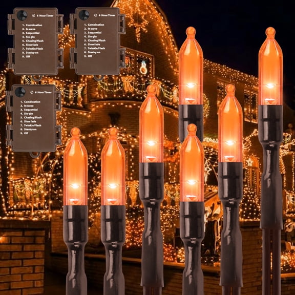 3 Pack Orange Halloween Lights Battery Operated,Total 18Ft 50 LED Mini String with Timer 8 Modes Twinkle Outdoor Waterproof for Tree Garland Decor