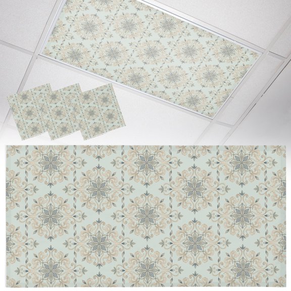 3 Pack Ornate Mandalas Fluorescent Light Covers for Ceiling Lights Sage Green Pale Sand Bohemian Lace Flower Pattern Magnetic Ceiling Light Covers Overhead Light Filters for Office Classroom Home