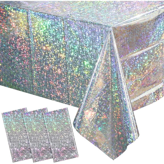 3 Pack Osmanthus Iridescent Silver Tablecloth Party Decorations, Holographic Silver Glitter Plastic Tablecloth, Disposable Laser Rectangle Table Cover for Disco Birthday 70s Theme Party Decorations