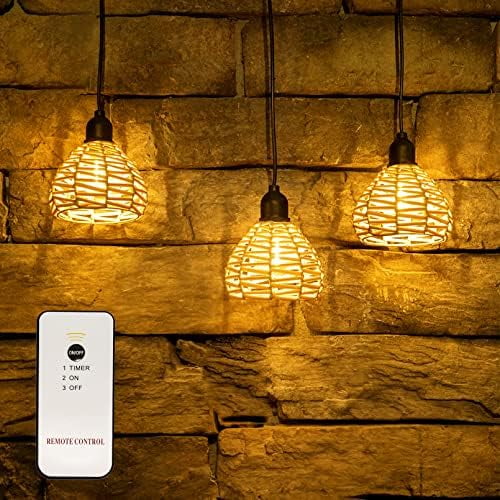 3 Pack Outdoor Battery Operated Chandelier, Small Hanging Rattan Pendant Lights with Dimmable Timer, Warm White Waterproof Lamps for Gazebo Yard Porch Patio Garden Backyard Decor