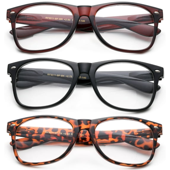 3 Pack Oversized Big Frame Bifocal Lens Men Reading Glasses, Black, Brown & Tortoise +2.25