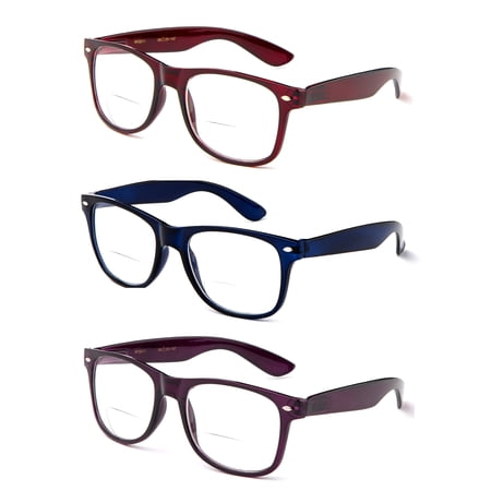 3 Pack Oversized Big Frame Bifocal Lens Women Reading Glasses, Red, Blue & Purple +2.50