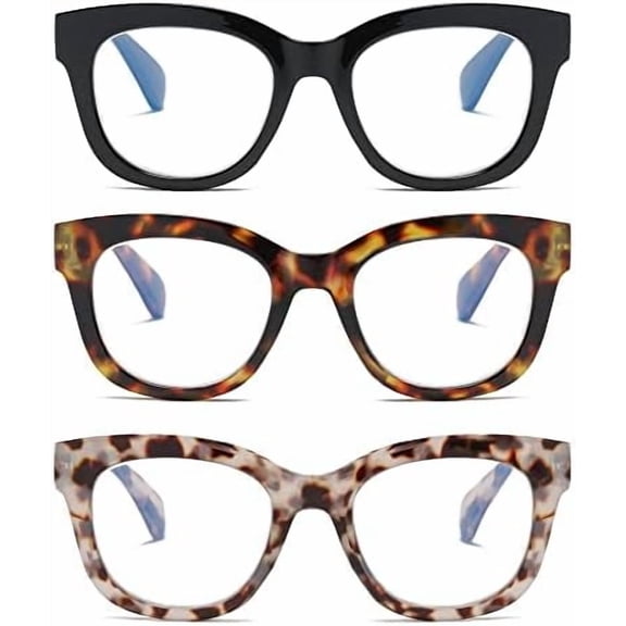 3 Pack Oversized Blue Light Blocking Reading Glasses for Women, Retro Style Readers with Spring Hinge +3.00