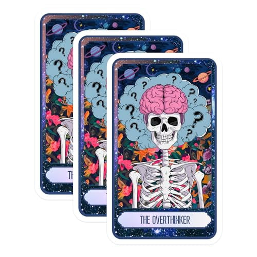 (3 Pack) Overthinker Decals - Tarot Card - Skeleton Brain - Laptop Decals - 3 Inches On Longest Side - Easy Peel & Apply - Made in USA - 3MCS0016