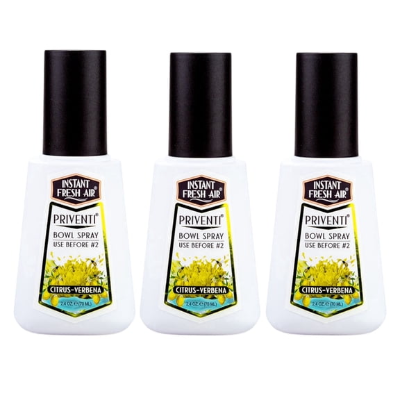 Instant Fresh Air Priventi Toilet Spray & Bathroom Spray Odor Eliminator - Up to 120 Uses - Travel Size Odor Elimination for #2 - For Home, Office, School, Travel - Citrus Verbena -2.4 oz (Pack of 3)
