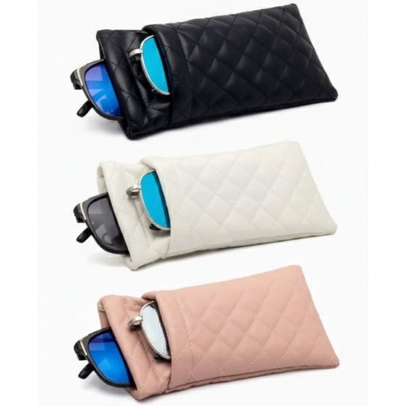 3-Pack PU Leather Double Squeeze Top Eyeglass Pouches (Pink/Black/White) - Soft Protective Eyeglass Case Organizers for Daily & Travel Use