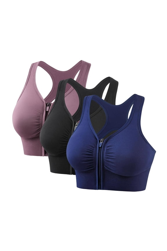3 Pack Padded Sports Bra for Women, Zip Front Closure Yoga Bralettes, Wirefree Seamless High Support Gym Lingerie