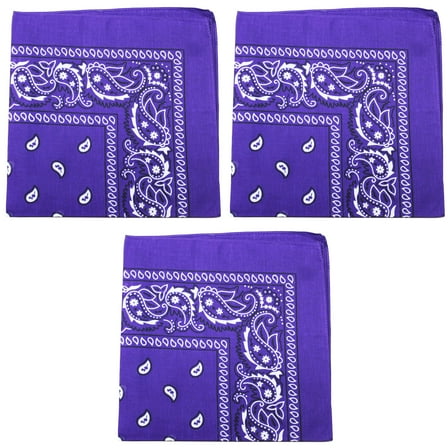 3 Pack Paisley Cotton Bandanas Classic Western Style Headwear (Purple)