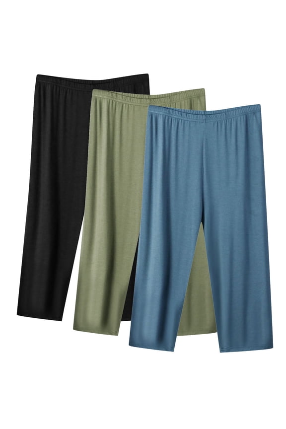 3 Pack Pajama Pants Womens Plus Size Capris Elastic Waist Soft Cotton Sleep Pjs Bottoms Cropped Pants, Black/Green/Blue 3XL