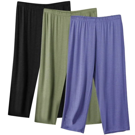 3 Pack Pajama Pants Womens Plus Size Capris Elastic Waist Soft Cotton Sleep Pjs Bottoms Cropped Pants, Black/Green/Purple 3XL