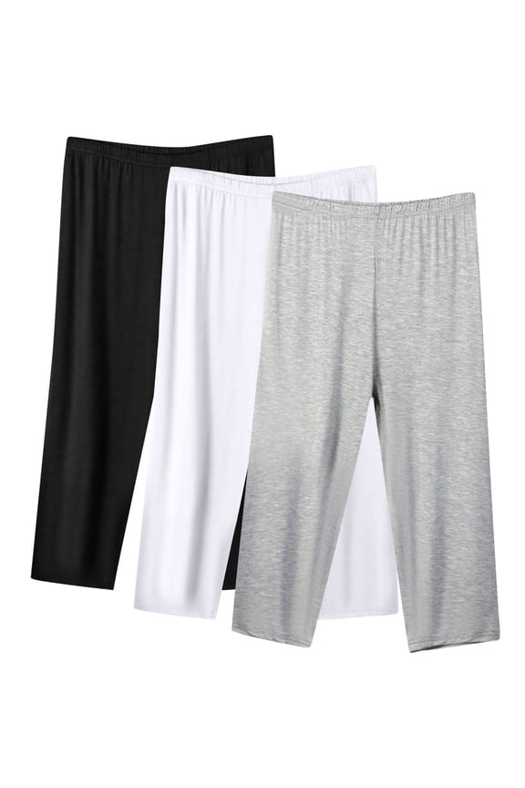 3 Pack Pajama Pants Womens Plus Size Capris Elastic Waist Soft Cotton Sleep Pjs Bottoms Cropped Pants, Black/White/Gray 3XL