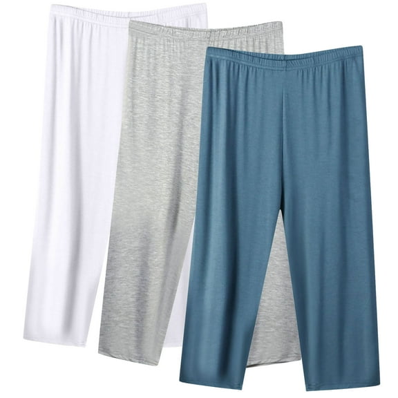 3 Pack Pajama Pants Womens Plus Size Capris Elastic Waist Soft Cotton Sleep Pjs Bottoms Cropped Pants, Blue/White/Gray 3XL