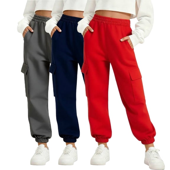 3 Pack Pants for Girls Casual Elastic Waist Cotton Cuffed Sweatpants Girls Joggers with Pockets Size 4-14