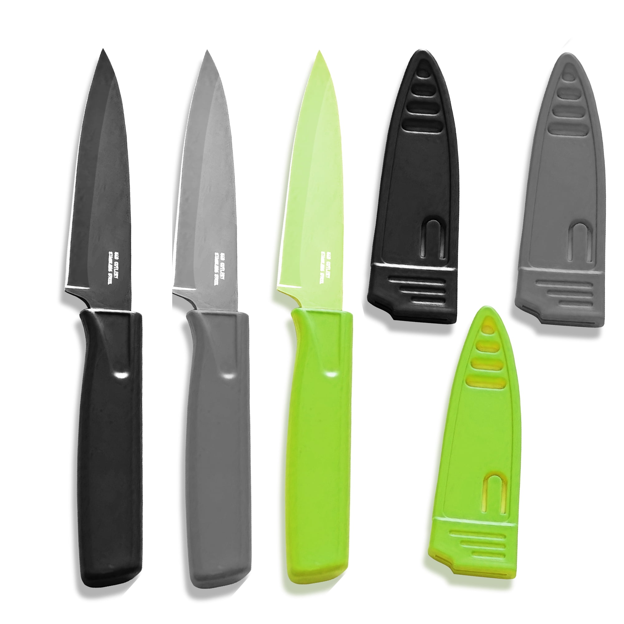 3 Pack Paring Knife with Safety Sheath, Fruit Knife with 4 inch Stainless Steel Blade, Nonstick Silicone Coated Knife for Kitchen, Fruits, and Vegetables (Black & Gray & Green)