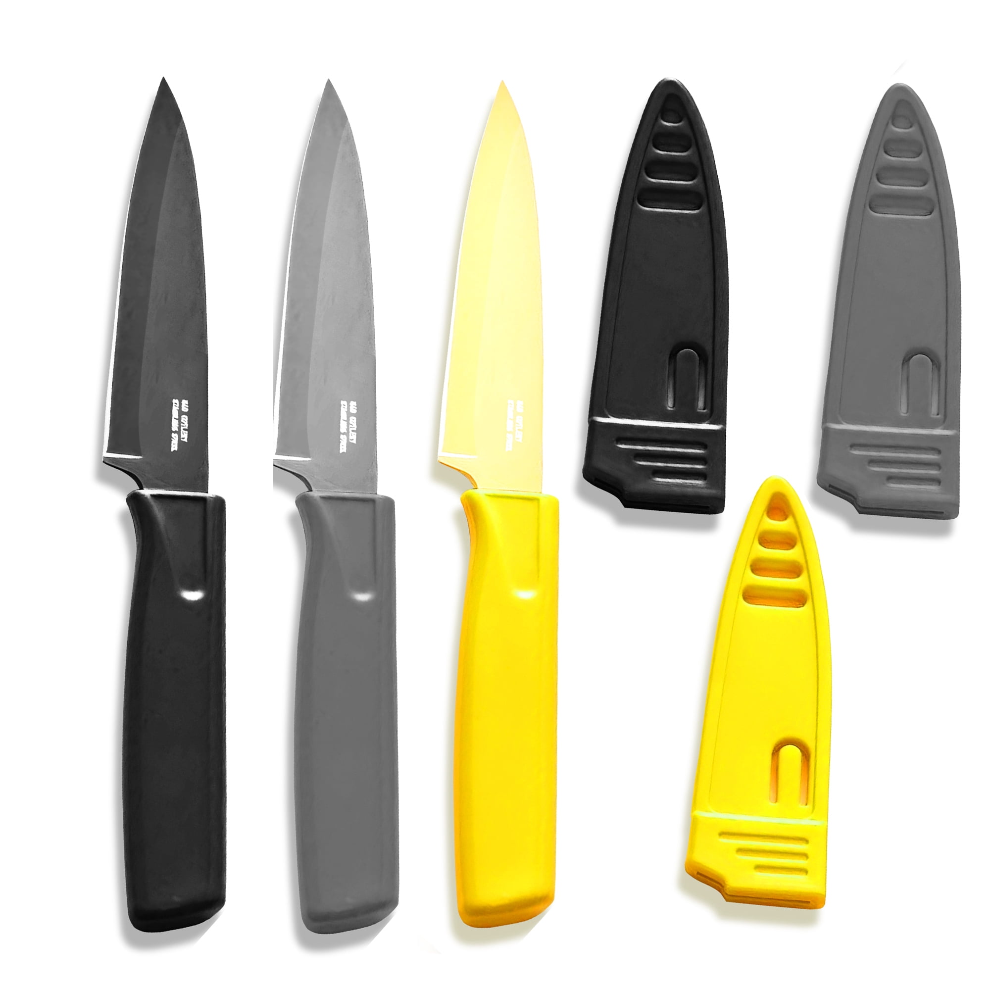 3 Pack Paring Knife with Safety Sheath, Fruit Knife with 4 inch Stainless Steel Blade, Nonstick Silicone Coated Knife for Kitchen, Fruits, and Vegetables (Black & Gray & Yellow)