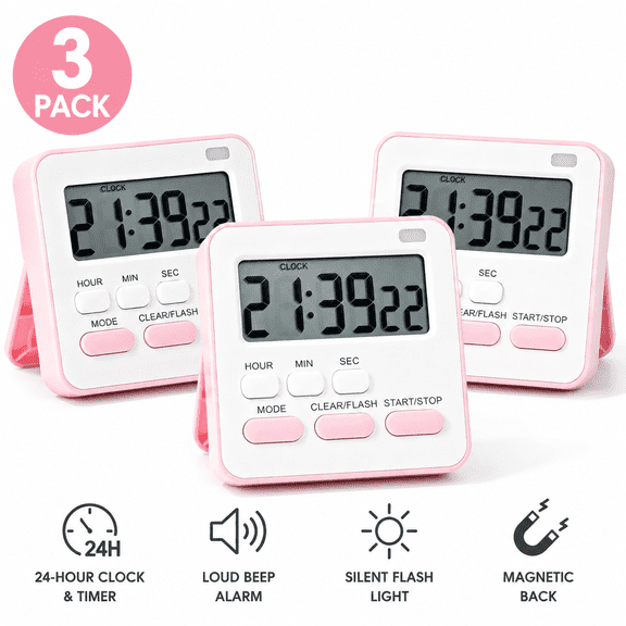 3-Pack Pastel Pink Digital LCD Kitchen Timers with 24H Clock & Mute Flash, Magnetic Desktop Stopwatch (White Body with Pink Frame)