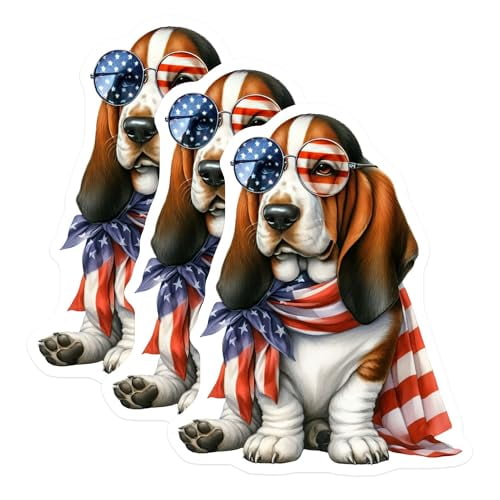 (3 Pack) Patriotic Basset Hound Decals - American Flag Dog - Laptop Decal- 3 Inches On Longest Side - Easy Peel & Apply - Made in USA - 3MCS5825