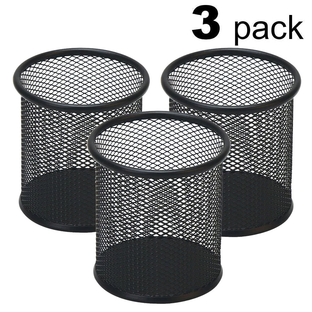 3 Pack Pen Holder Metal Mesh Pencil Holders Round Shaped Pen Holders for Desk Office Wire Mesh Container Pen Organizer,Black