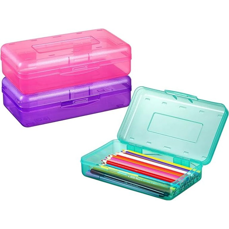 Sooez 3 Pack Pencil Box, Pencil Box for Kids, Plastic School Supply Box,  Large School Box, Hard Plastic Pencil Case Lid, Stackable Clear Supply  Boxes