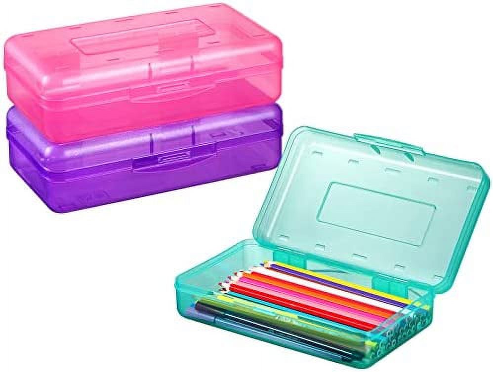 3 Pack Pencil Box, Sooez Pencil Box for Kids, Plastic School Supply Box, Large School Box, Hard Plastic Pencil Case Lid, Stackable Clear Supply Boxes