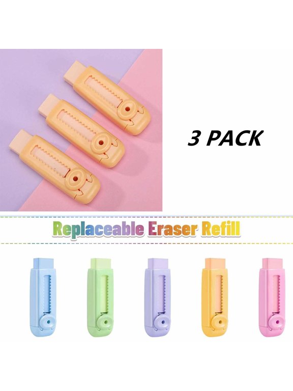 3 Pack Pencil Erasers, Rubber Push Roller Eraser, Traceless Less Scraps Creative Stationery Supplies for Office Use, Art Creation and Holiday Gifts, Pink,8cm,Yellow